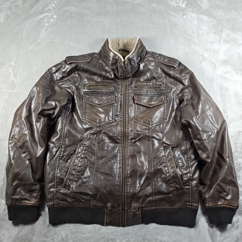 Levis Bomber Jacket Mens Large Brown Faux Leather Sherpa Lined Moto Full Zip